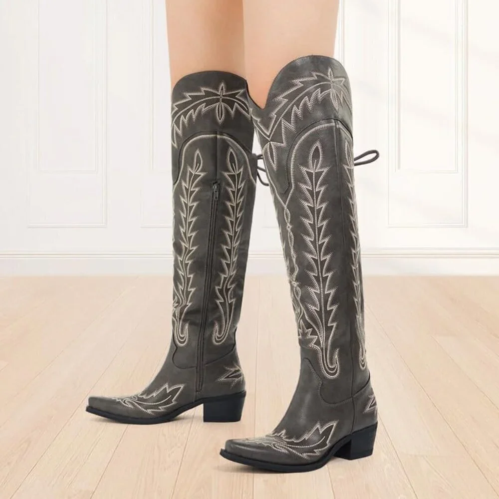 Women Black Synthetic Cowgirl Thigh High Wide Calf Embroidered Western Boots